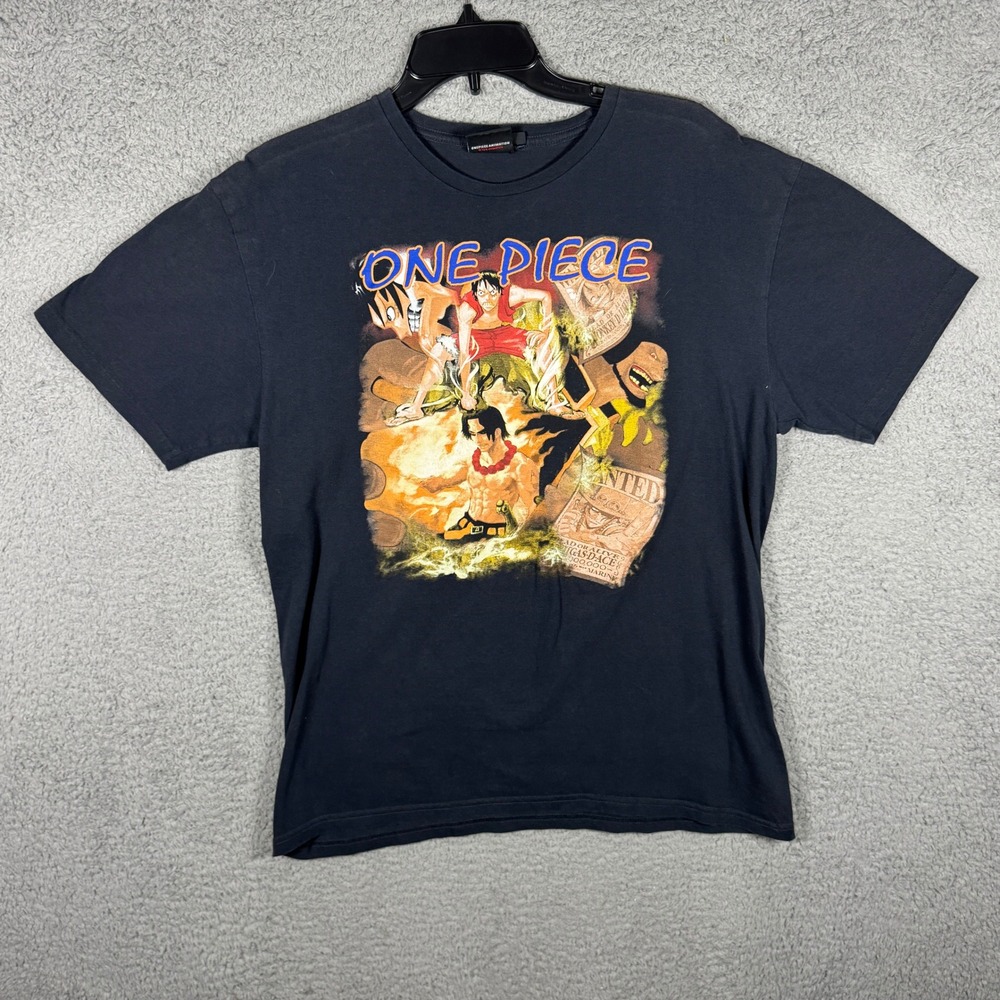 One Piece Luffy Ace Wanted Poster Graphic T-Shirt Mens 2XL Black Anime Tee